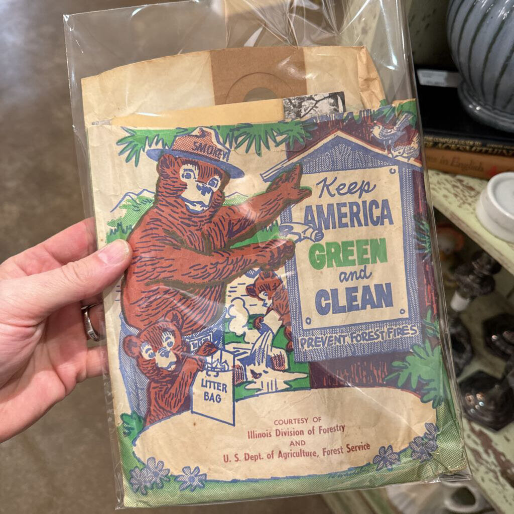 Smokey the Bear paper bag with contents