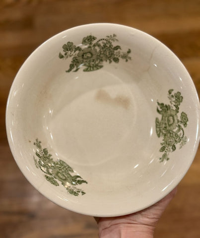 ANTIQUE SHABBY GREEN TRANSFERWARE BOWL, AS FOUND. Crazed and a couple of cracks.