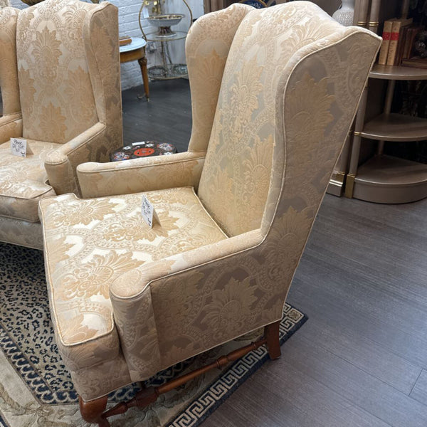 Pair of Cream/ Gold Damask Wing Chairs