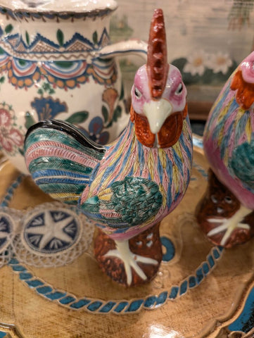 Pair polychrome roosters Chinese figurines