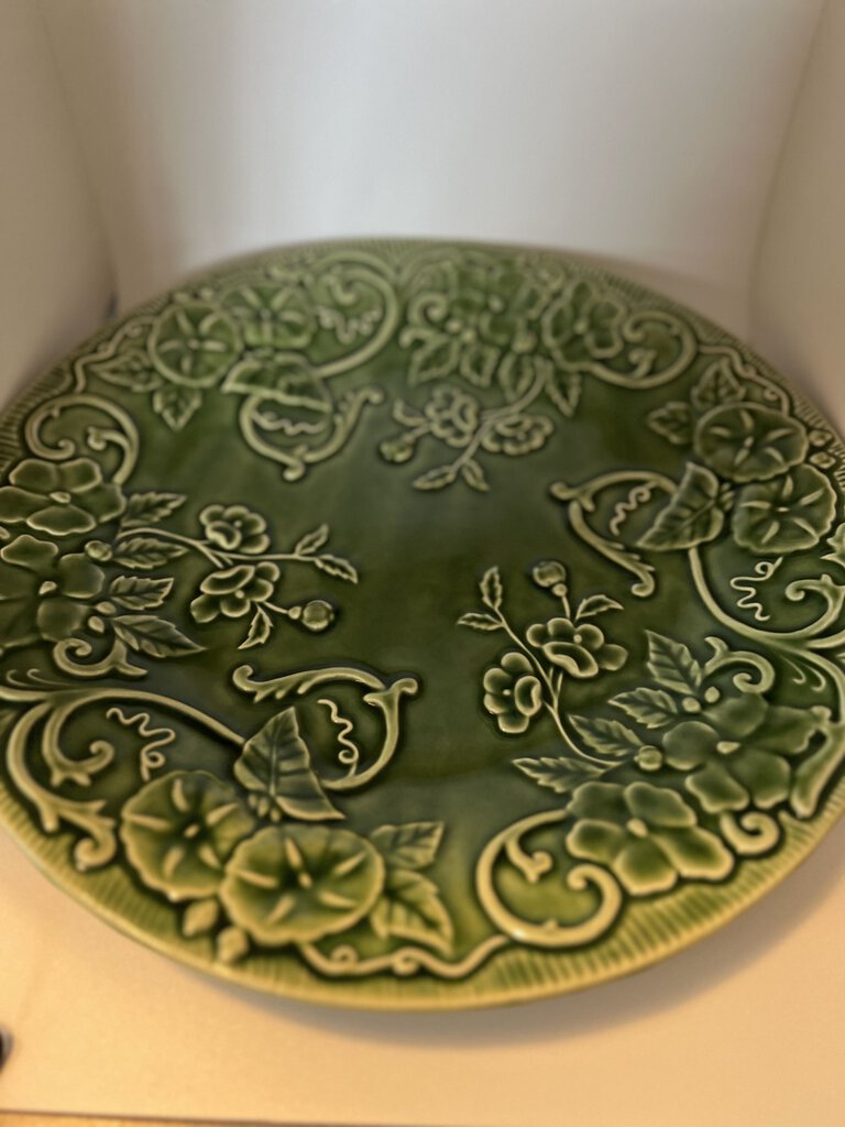 Bordallo Pinheiro green platter, 12 1/2" morning glory pattern