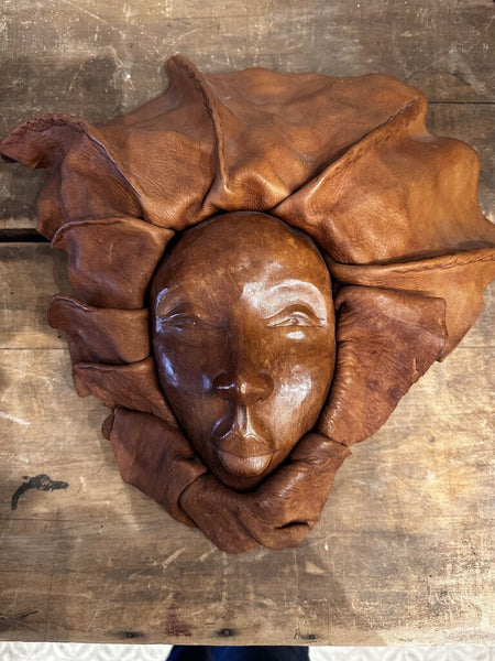 Unique Wooden Faced Woman Leather Trim 14H x 12W At Widest Part