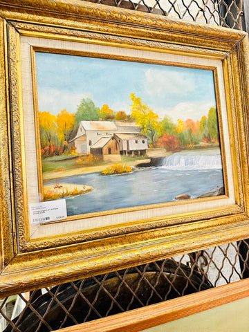 Vintage original art oil Farm stream 20x25