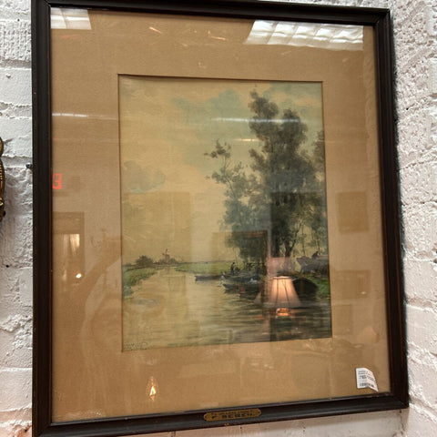 Original Watercolor Landscape by F. Seben "A Holland Canal" 1880's
