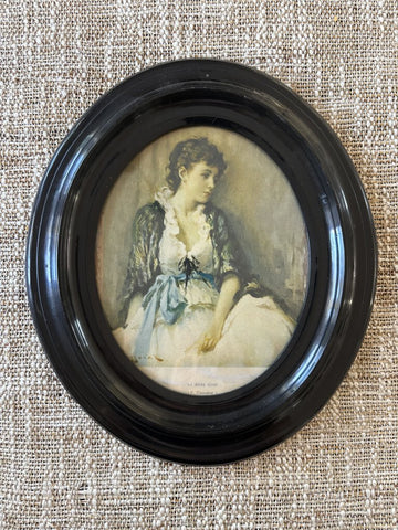 Vintage French Print of Girl in Black Oval Frame