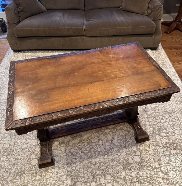 FABULOUS ANTIQUE CARVED TABLE DESK, AS FOUND. 28 1/2" H x 43 1/2"W x 25"D IN STORE PICKUP ONLY