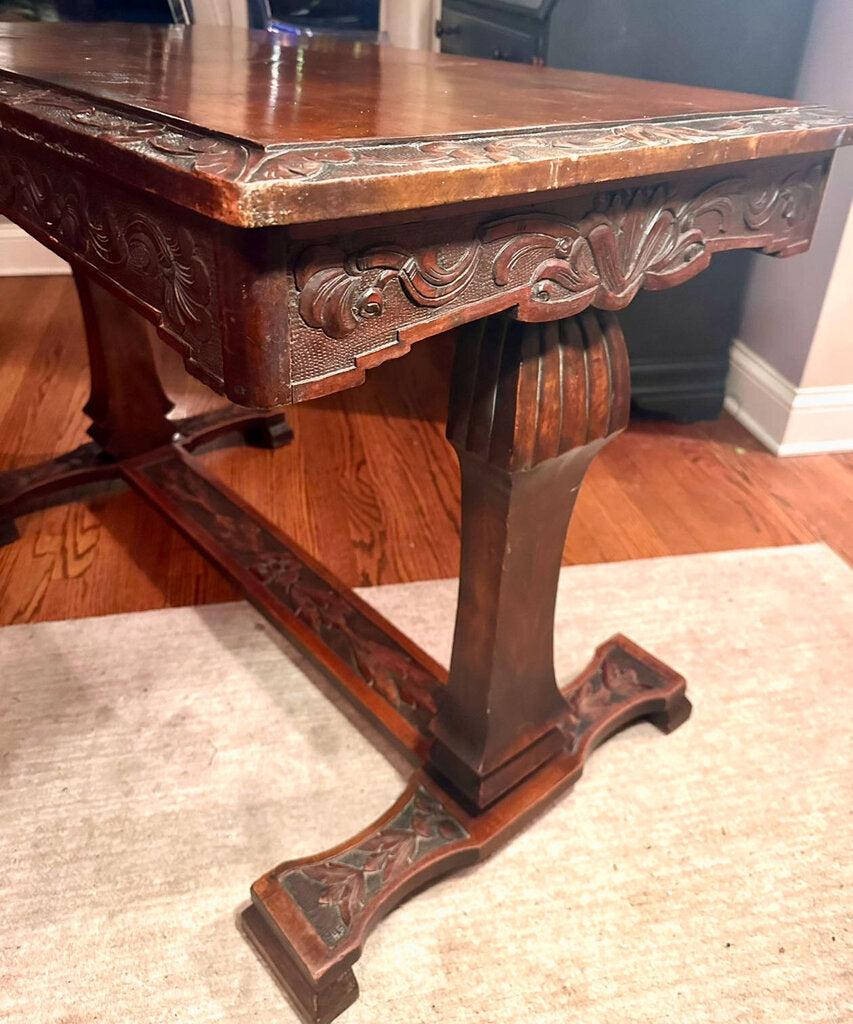 FABULOUS ANTIQUE CARVED TABLE DESK, AS FOUND. 28 1/2" H x 43 1/2"W x 25"D IN STORE PICKUP ONLY