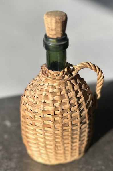 DEMIJOHN GREEN GLASS, CORK STOPPER 9 1/2"H X 5"W x 3 1/2"D