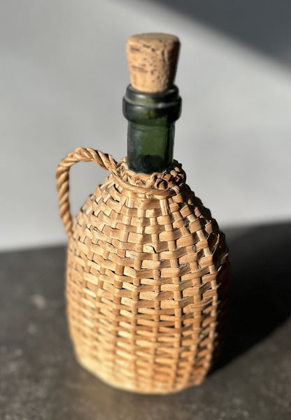 DEMIJOHN GREEN GLASS, CORK STOPPER 9 1/2"H X 5"W x 3 1/2"D