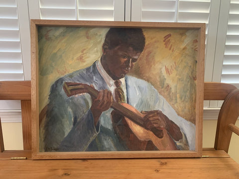 Original signed (double sided) framed artwork of man with guitar