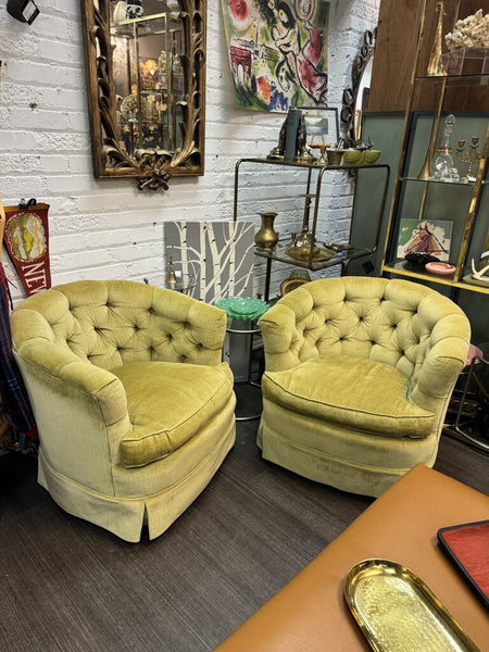 Pair of Vintage Pale Lime Yellow Swivel Chairs W1685