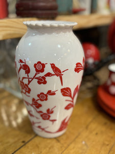 Vintage milk glass with red branches flowers and birds vase