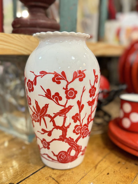 Vintage milk glass with red branches flowers and birds vase