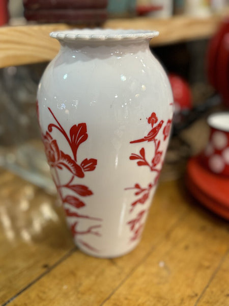 Vintage milk glass with red branches flowers and birds vase