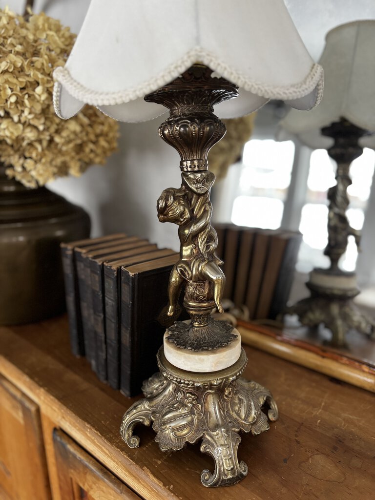 Vintage Brass and Marble Cherub Lamp 22H