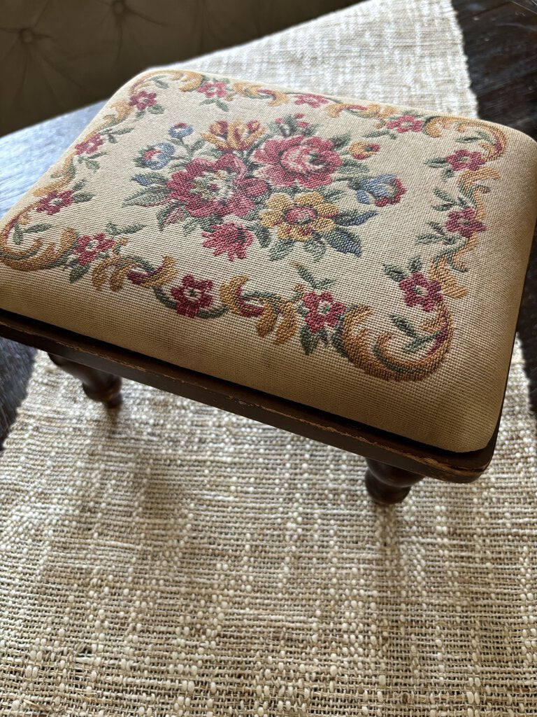 Antique Embroidered Floral Footstool