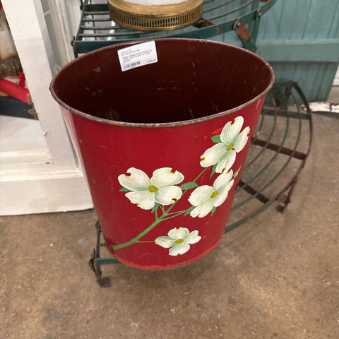 Floral Vintage Waste Basket as found white flowers red back ground