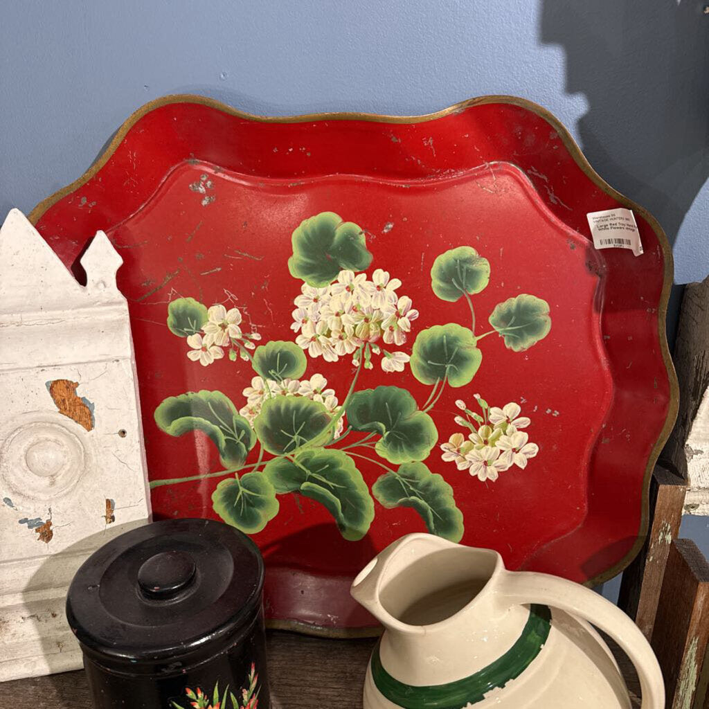 Large Red Tray Hand Painted White Flowers vintage