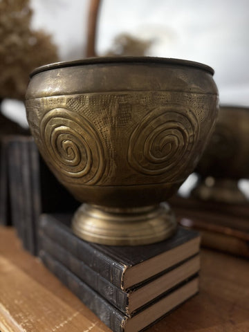 Vintage Hammered Brass Pedestal Cache Pot Planter India