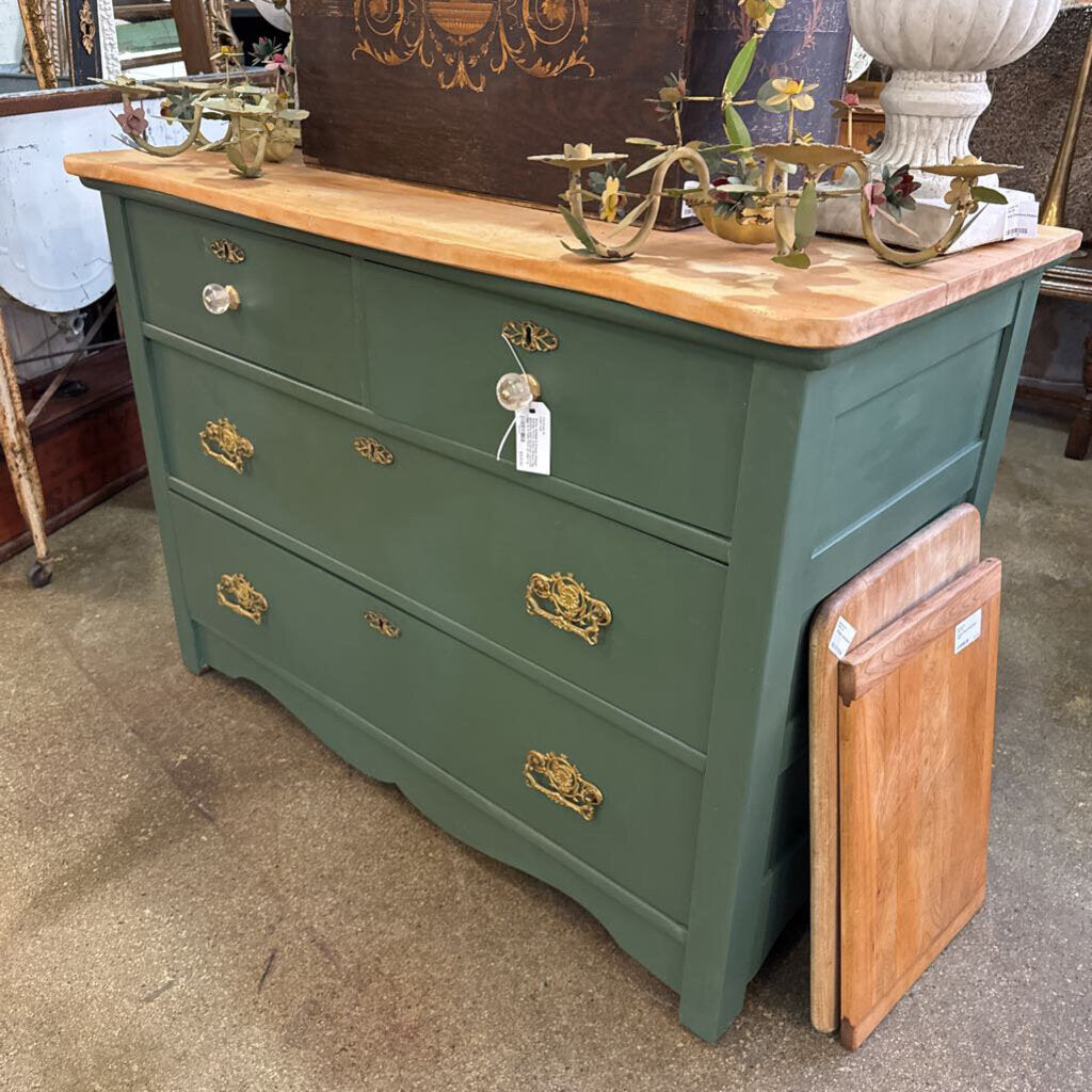 Pretty Antique 4 Drawer Dresser Painted Forest Green Natural Top. Beautiful Gold Hardware. 43x21x31 High. IN STORE PICK UP ONLY p.