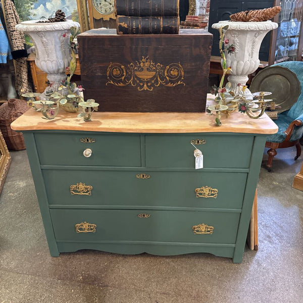 Pretty Antique 4 Drawer Dresser Painted Forest Green Natural Top. Beautiful Gold Hardware. 43x21x31 High. IN STORE PICK UP ONLY p.