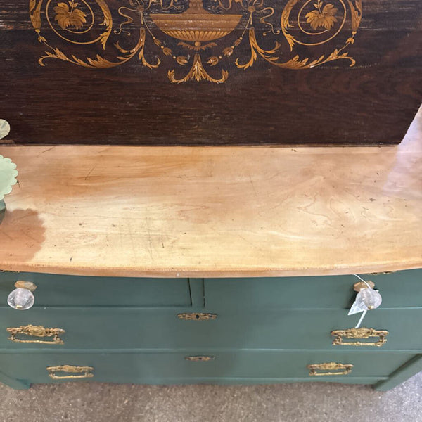 Pretty Antique 4 Drawer Dresser Painted Forest Green Natural Top. Beautiful Gold Hardware. 43x21x31 High. IN STORE PICK UP ONLY p.