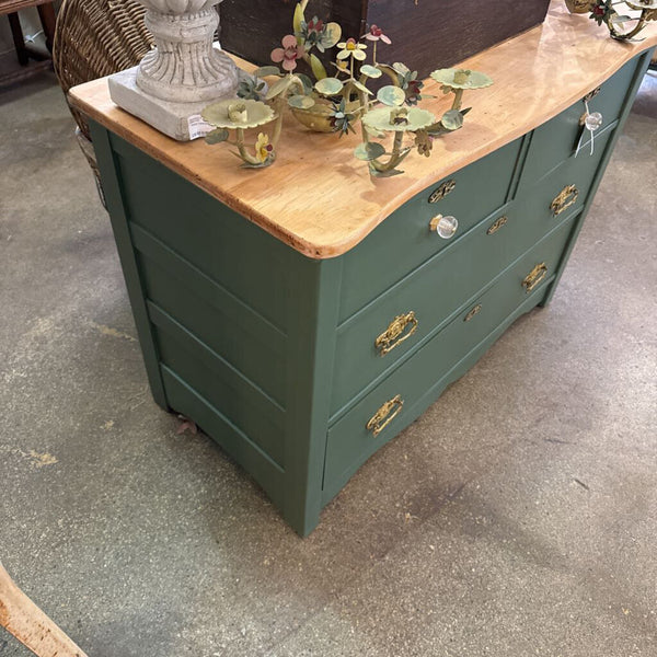 Pretty Antique 4 Drawer Dresser Painted Forest Green Natural Top. Beautiful Gold Hardware. 43x21x31 High. IN STORE PICK UP ONLY p.