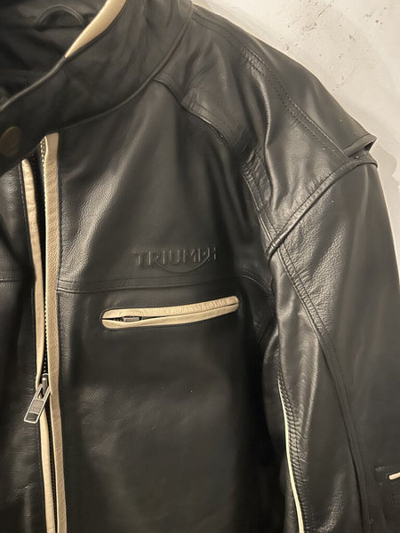 Mens TRIUMPH Motorcycle Black Leather Monmouth Jacket Sz: XL (Fits Lg As Well) FIRM