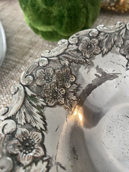 Vintage Floral Silver Plate Pedestal Dish 7" dia x 3"h