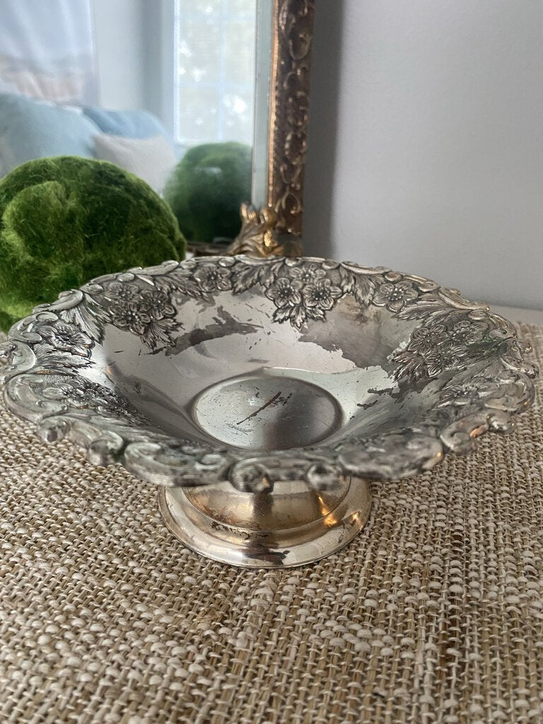 Vintage Floral Silver Plate Pedestal Dish 7" dia x 3"h