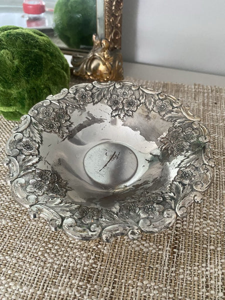 Vintage Floral Silver Plate Pedestal Dish 7" dia x 3"h