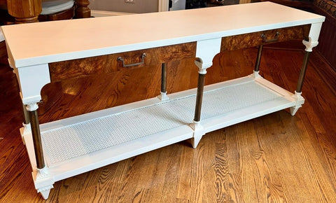 VINTAGE WEIMAN CONSOLE TABLE w/ BURLED WOOD DRAWER FRONTS, ORIGINAL HARDWARE 24 1/2"H x 60"W x 16"D. IN STORE PICK UP.