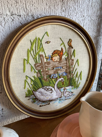 Vintage Framed Hummel Swan Needlepoint ~ 13"