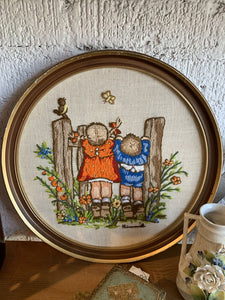 Vintage Framed Hummel Children Needlepoint ~ 13"