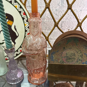 Browns pink depression glass bottle with candle