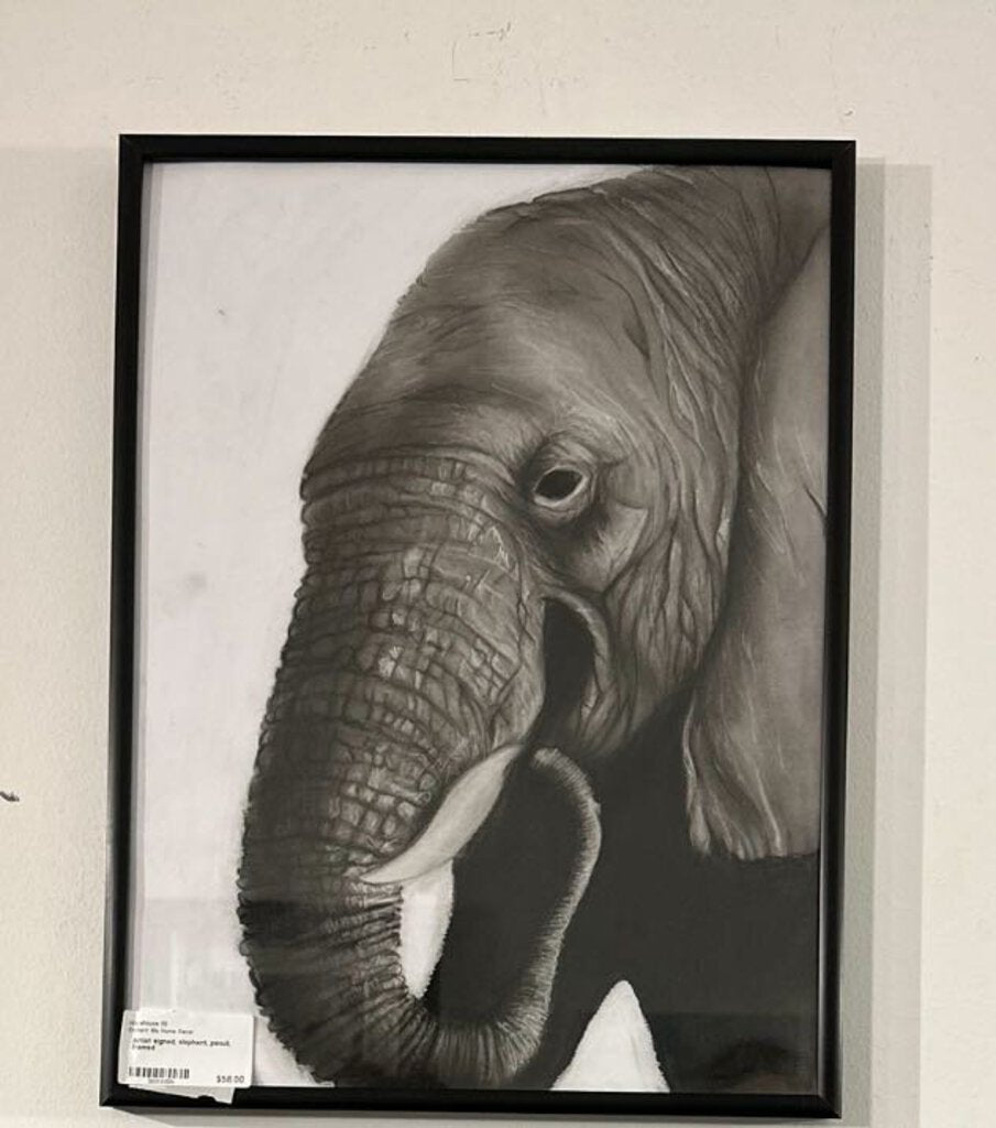 Artist signed, elephant, pencil, framed in store pick up only