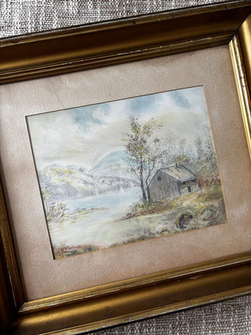 Antique Gold Framed Watercolor of Cottage 16.5 x 14.5