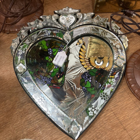 Vintage Venetian Glass Heart Mirror Etched Beveled