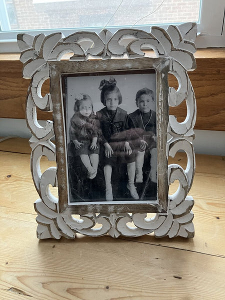 Carved Frame, distressed white on wood