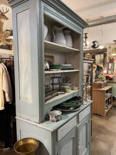 Antique Eastlake blue step back cupboard 19 1/2 in deep X 41 1/2 in w X 83 1/2 in high as is 2 Piece in store pick up only