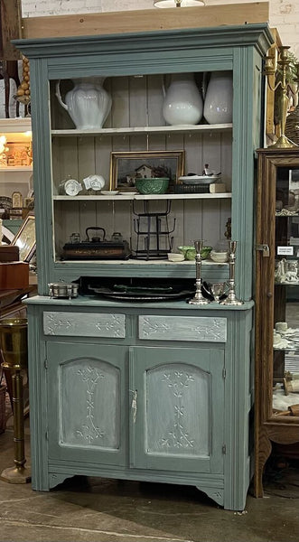 Antique Eastlake blue step back cupboard 19 1/2 in deep X 41 1/2 in w X 83 1/2 in high as is 2 Piece in store pick up only