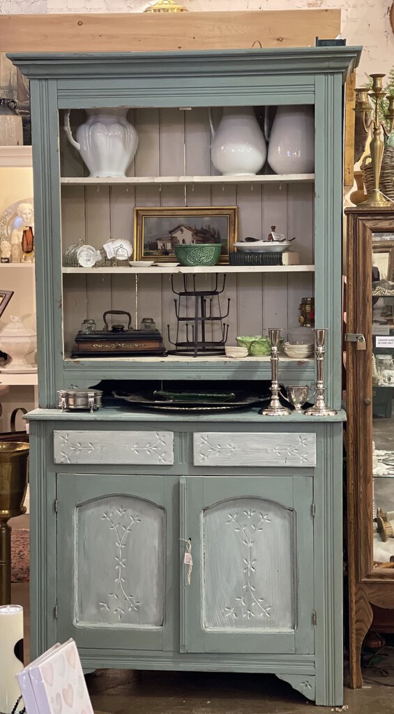 Antique Eastlake blue step back cupboard 19 1/2 in deep X 41 1/2 in w X 83 1/2 in high as is 2 Piece in store pick up only