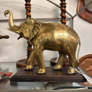 Large Solid Brass Elephant on Wood Base 15x13"