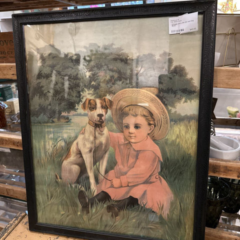 Vintage print Little Girl and Dog 18x22