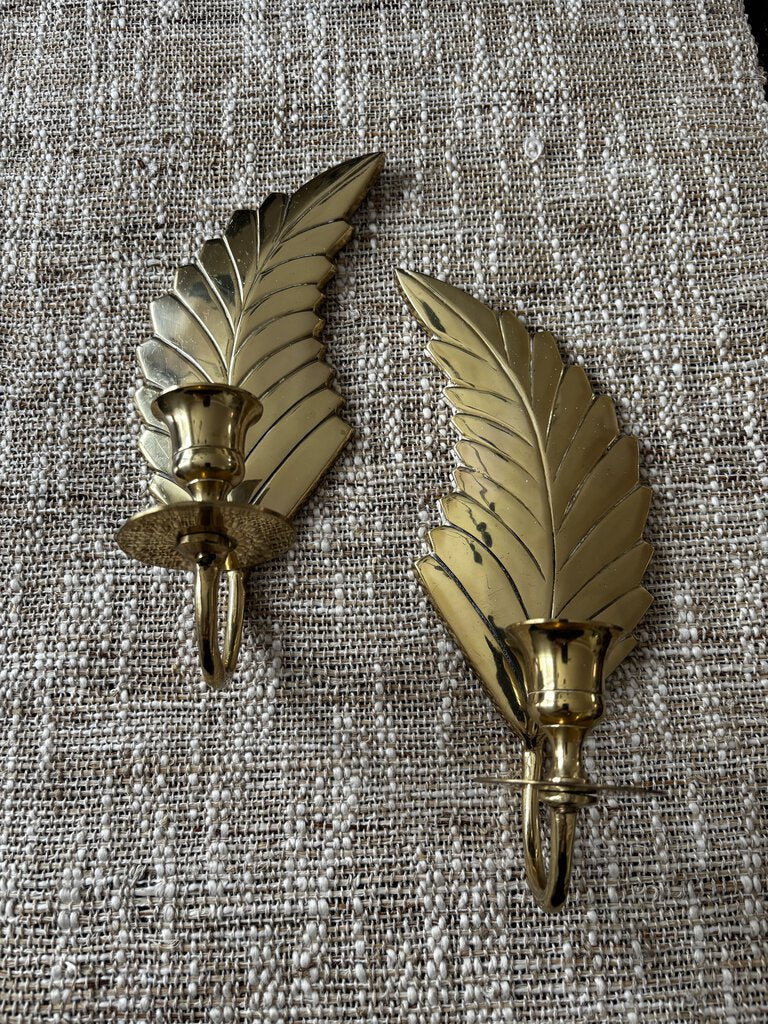 Vintage Set Of 2 SolidVintage Brass Feather Wall Sconces Candle Holders