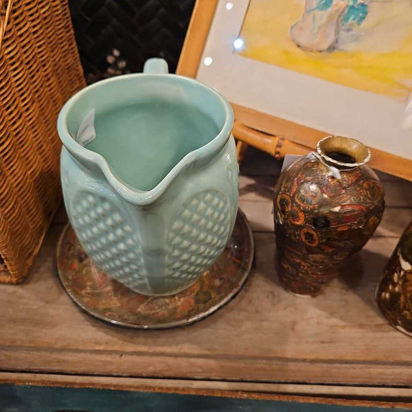 Turquoise basket weave green vintage pitcher