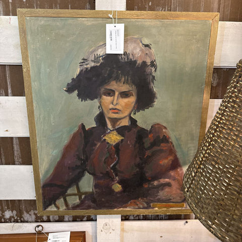 antique oil on canvas lady in hat