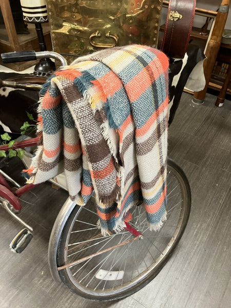 Vintage woven orange/green plaid blanket, 60"x60"