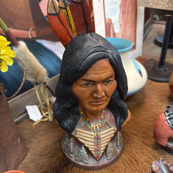 Vintage signed chalkware bust of Native American, 1974
