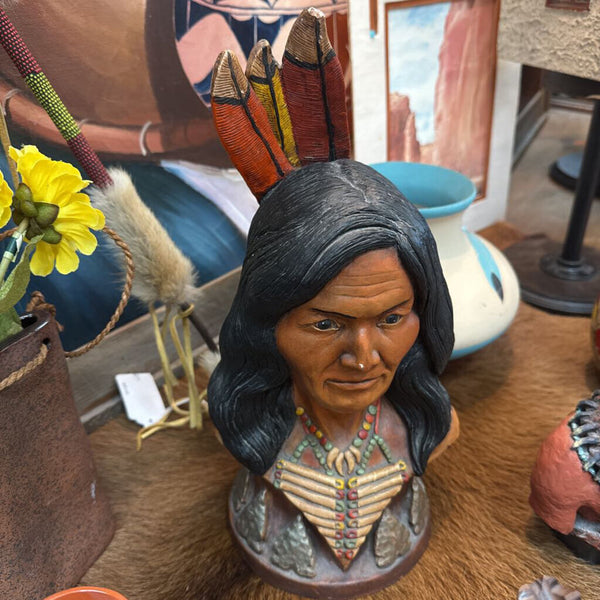Vintage signed chalkware bust of Native American, 1974